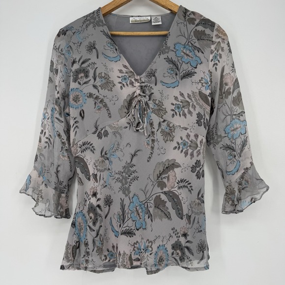 New York City Design Co. Tops - Vintage Fairycore Whimsygoth Silk Floral Beaded Top Gray Sheer Ruffle Sleeve M